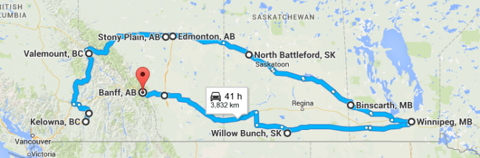 This is the proposed trip with a 2 night stay in BAnff and then back home.  We shall see how things going before traveling further than Edmonton.