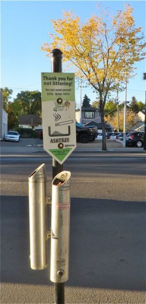 On my way to my 9 AM chiro treatment I noticed these, at least 4 per block.  What a unique idea to keep people from littering with their cigarette butts.