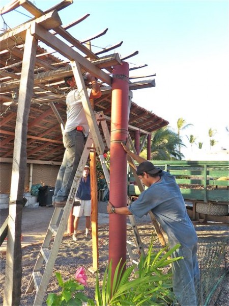 The cement tube is treated with loving care.  I should have done a close up, but in essence a steel rod is being driven between the cement post and the wood beam securing it even more.