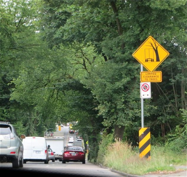 I had never seen a sign like this before. Saving the trees and if you are a high vehicle move to the center lane.